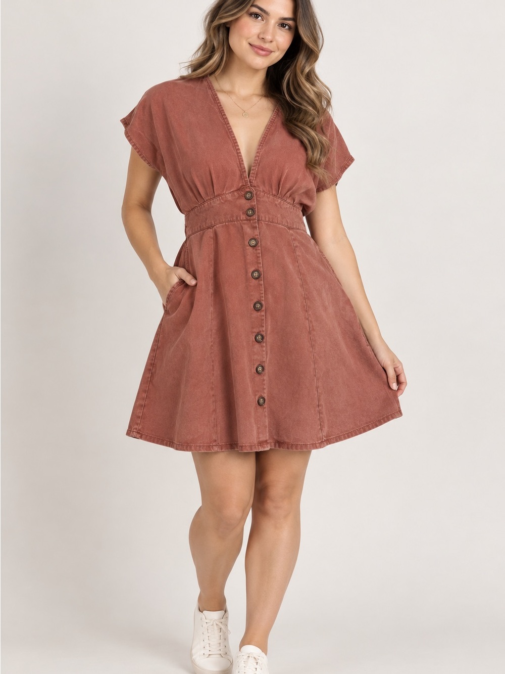 Quince Dusty Orange Button-Front V-Neck Mini Dress